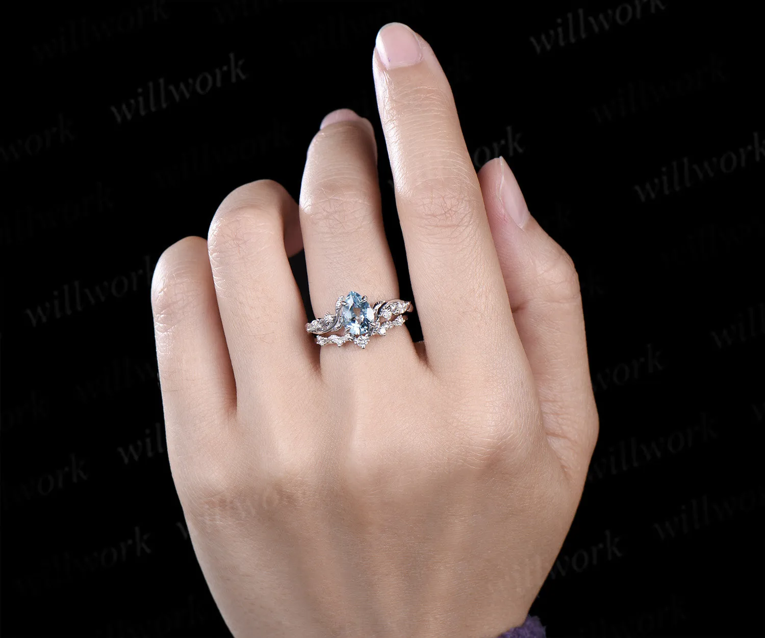 Twig Vine Nature Inspired Natural Aquamarine Diamond Engagement Ring 14K White Gold Moissanite Wedding Leaf Bridal Set Promise Gifts sold by Willwork Jewelry product image thumbnail 2