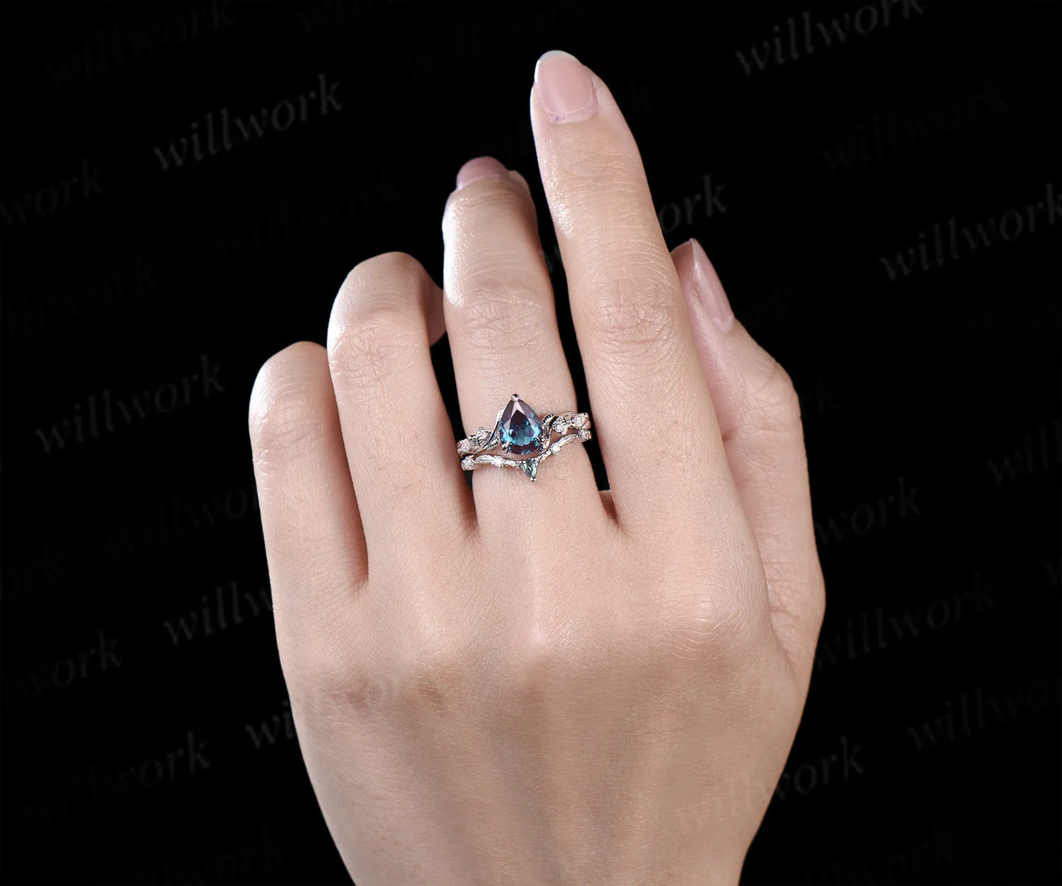 Pear cut Alexandrite ring white gold nature inspired engagement ring set leaf twisted diamond bridal set women sold by Willwork Jewelry product image thumbnail 3