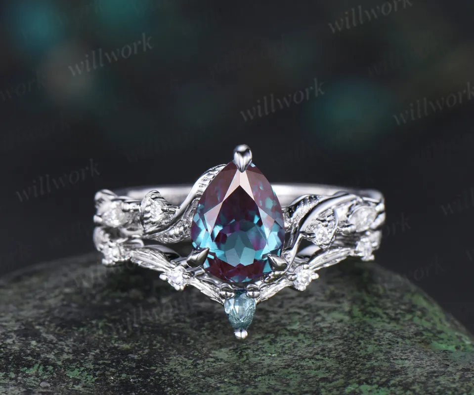 Pear cut Alexandrite ring white gold nature inspired engagement ring set leaf twisted diamond bridal set women sold by Willwork Jewelry