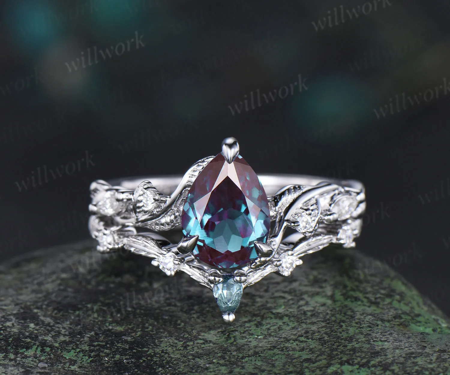 Pear cut Alexandrite ring white gold nature inspired engagement ring set leaf twisted diamond bridal set women sold by Willwork Jewelry