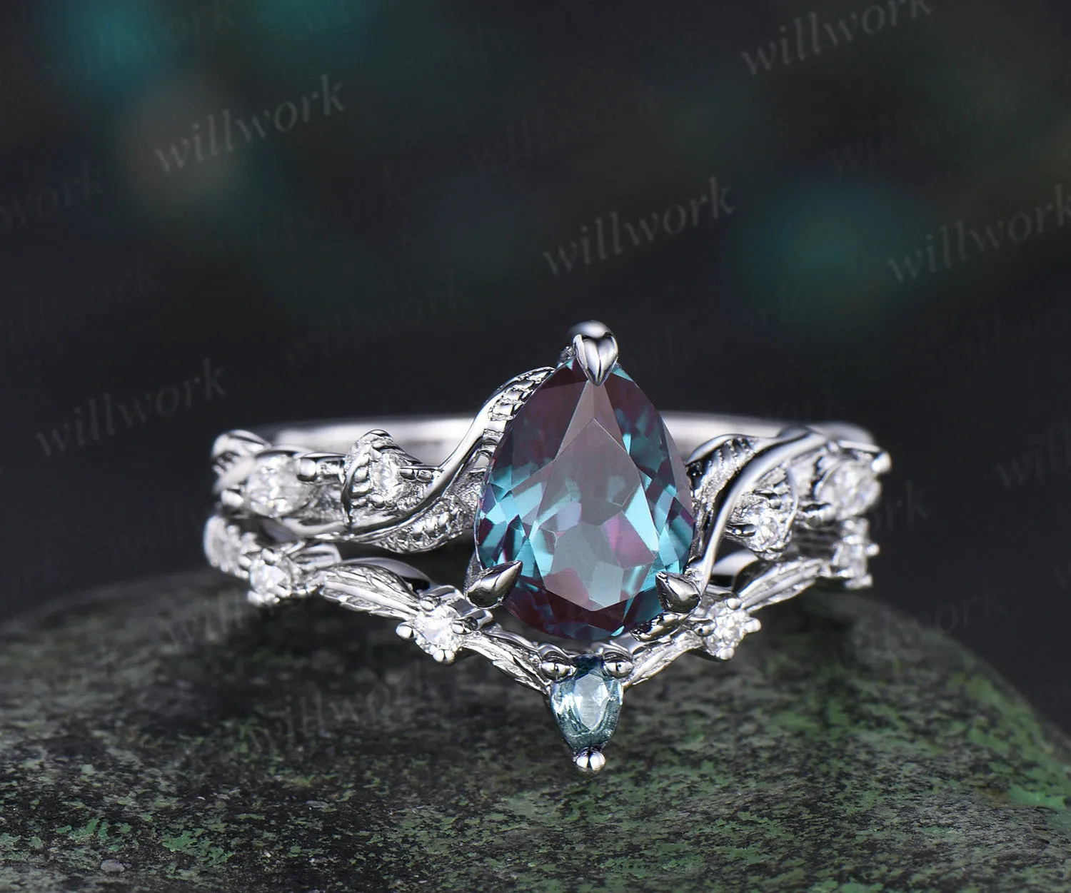 Pear cut Alexandrite ring white gold nature inspired engagement ring set leaf twisted diamond bridal set women sold by Willwork Jewelry product image thumbnail 2