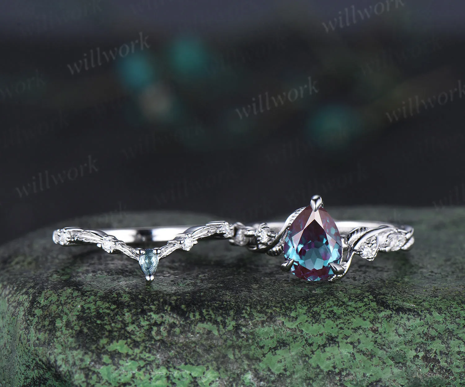 Pear cut Alexandrite ring white gold nature inspired engagement ring set leaf twisted diamond bridal set women sold by Willwork Jewelry product image thumbnail 4