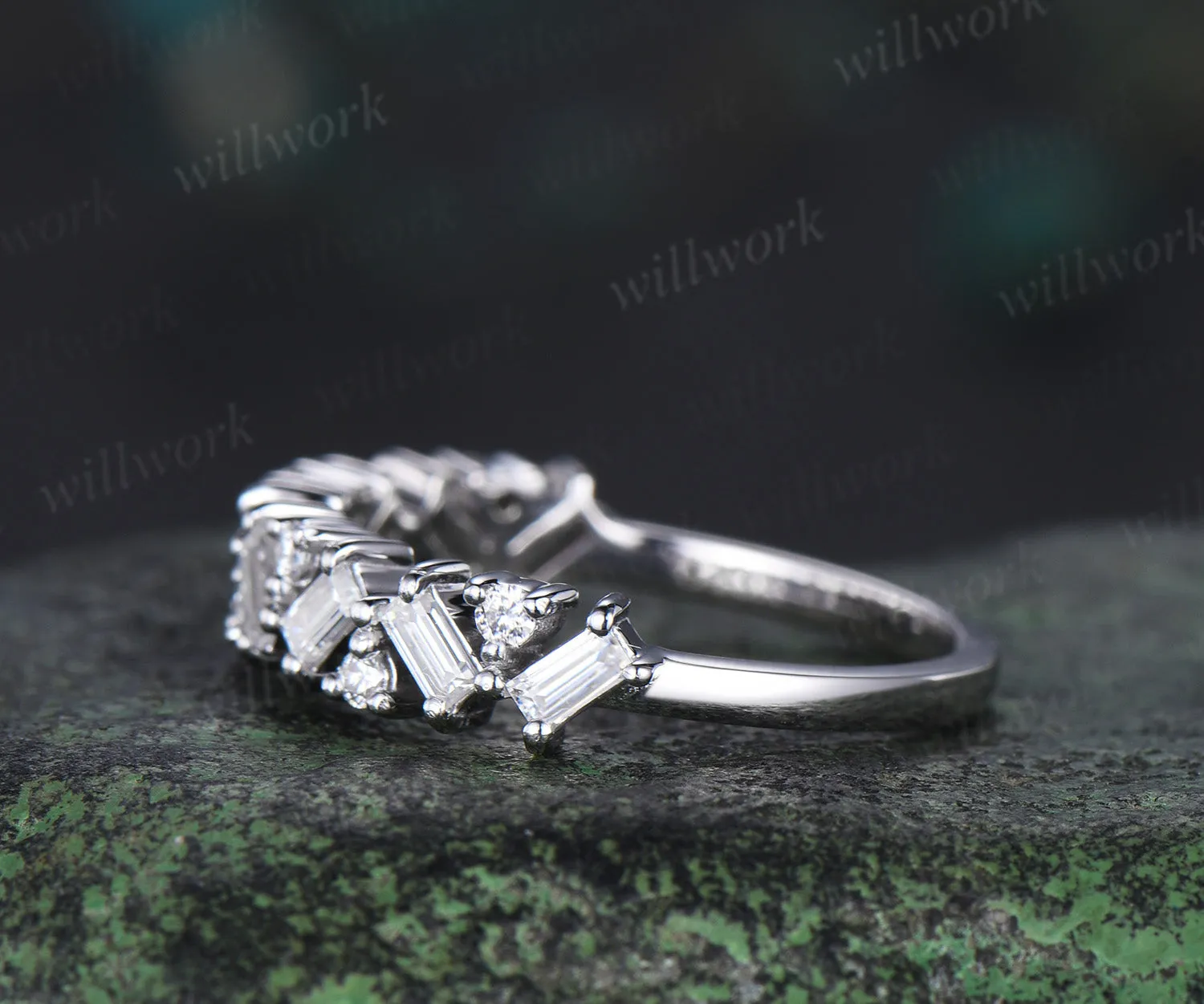 Cluster Baguette cut moissanite wedding band solid 14k white gold half eternity Unique Stackable Matching Band For Women sold by Willwork Jewelry product image thumbnail 5