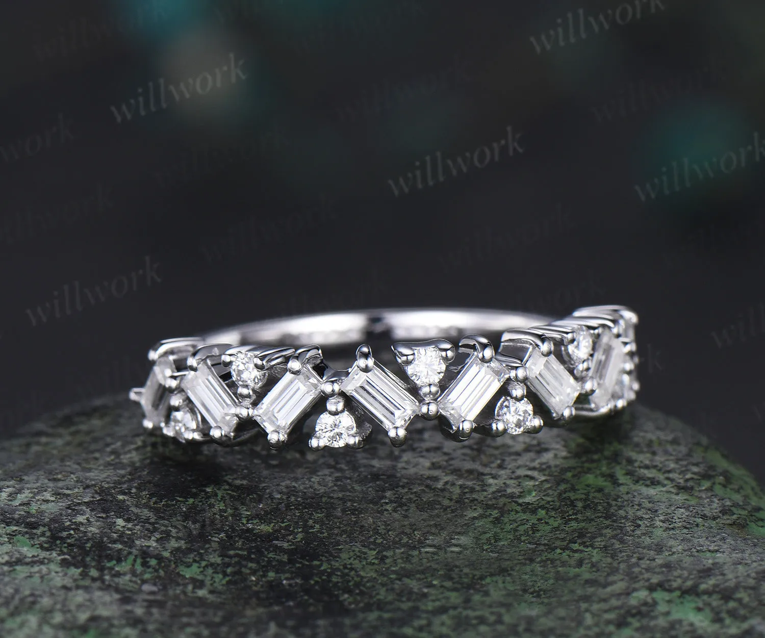Cluster Baguette cut moissanite wedding band solid 14k white gold half eternity Unique Stackable Matching Band For Women sold by Willwork Jewelry product image thumbnail 4