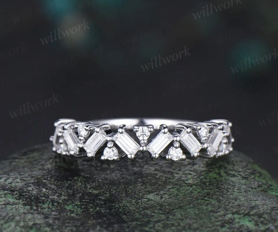 Cluster Baguette cut moissanite wedding band solid 14k white gold half eternity Unique Stackable Matching Band For Women sold by Willwork Jewelry