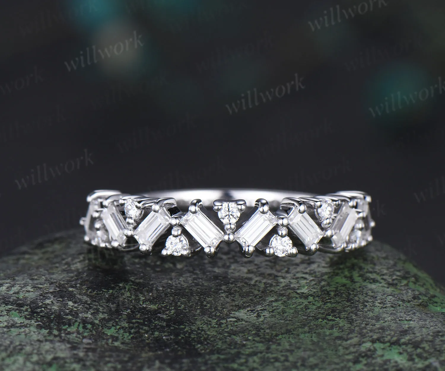 Cluster Baguette cut moissanite wedding band solid 14k white gold half eternity Unique Stackable Matching Band For Women sold by Willwork Jewelry
