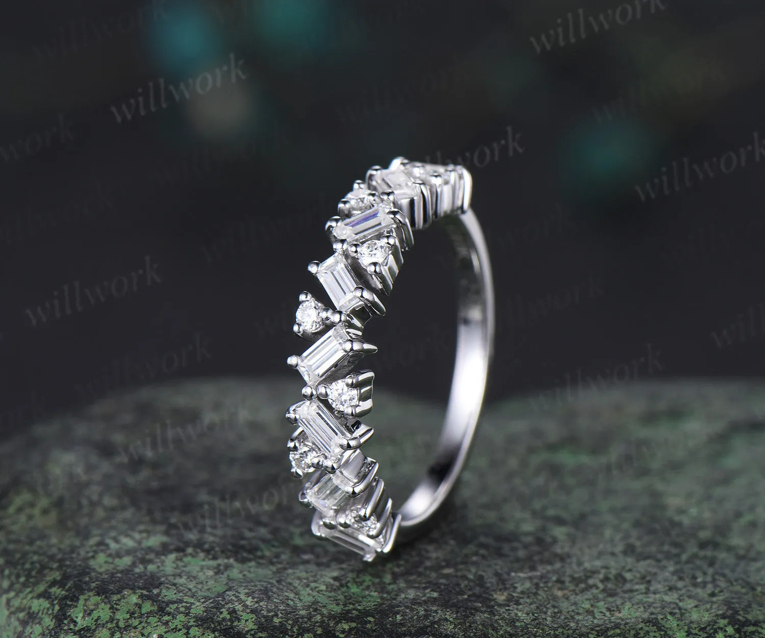 Cluster Baguette cut moissanite wedding band solid 14k white gold half eternity Unique Stackable Matching Band For Women sold by Willwork Jewelry product image thumbnail 2