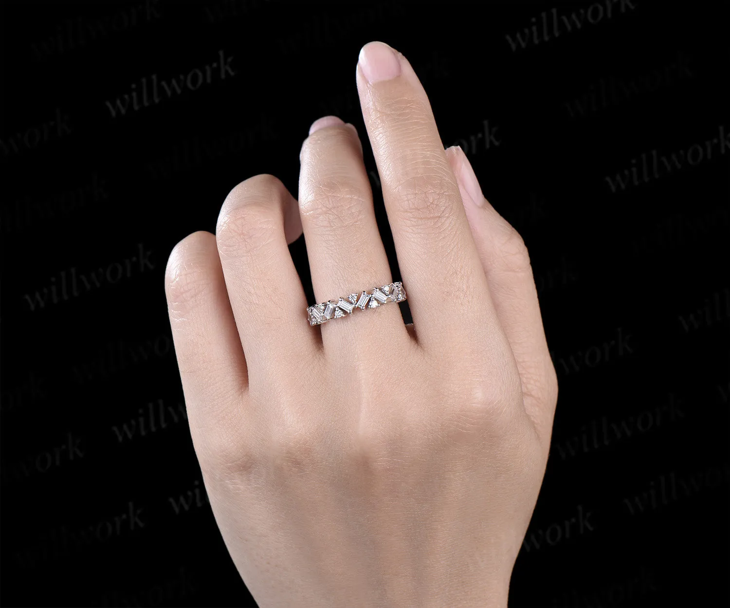 Cluster Baguette cut moissanite wedding band solid 14k white gold half eternity Unique Stackable Matching Band For Women sold by Willwork Jewelry product image thumbnail 3