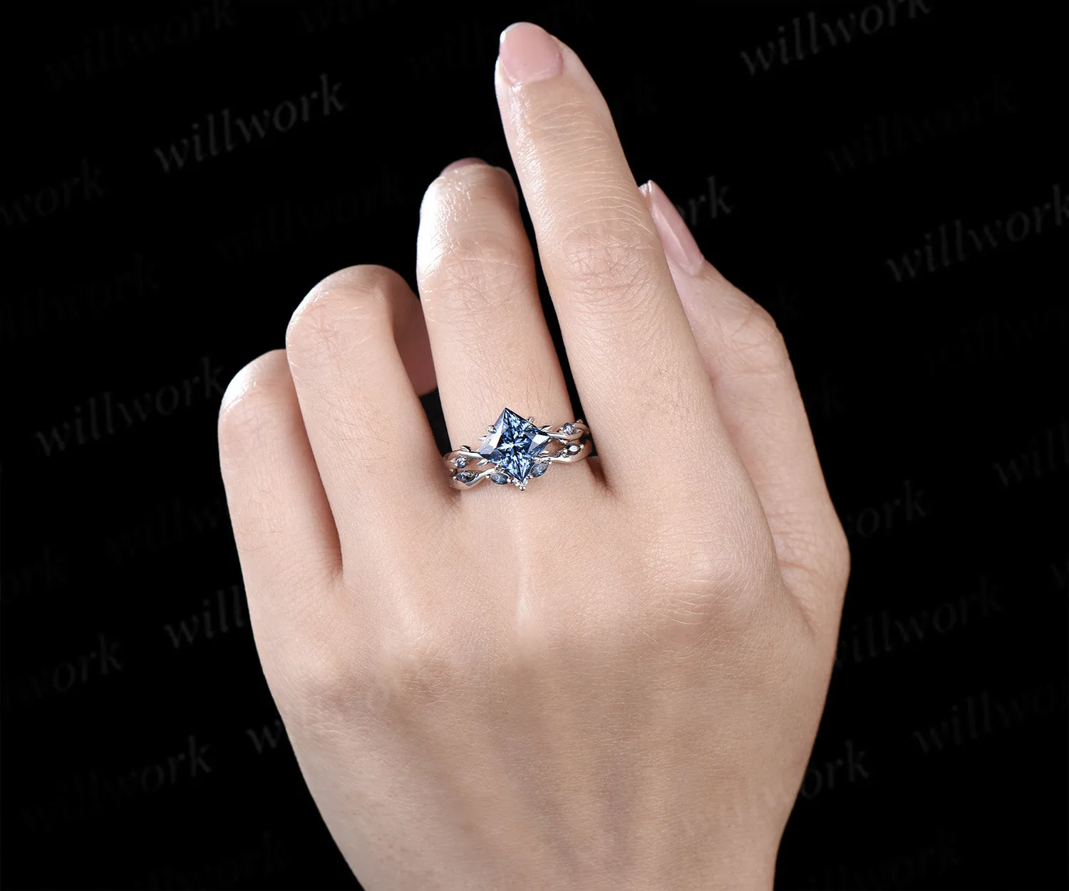 Princess cut blue moissanite engagement ring set 18k white gold infinity leaf prong unique wedding ring set women sold by Willwork Jewelry product image thumbnail 4