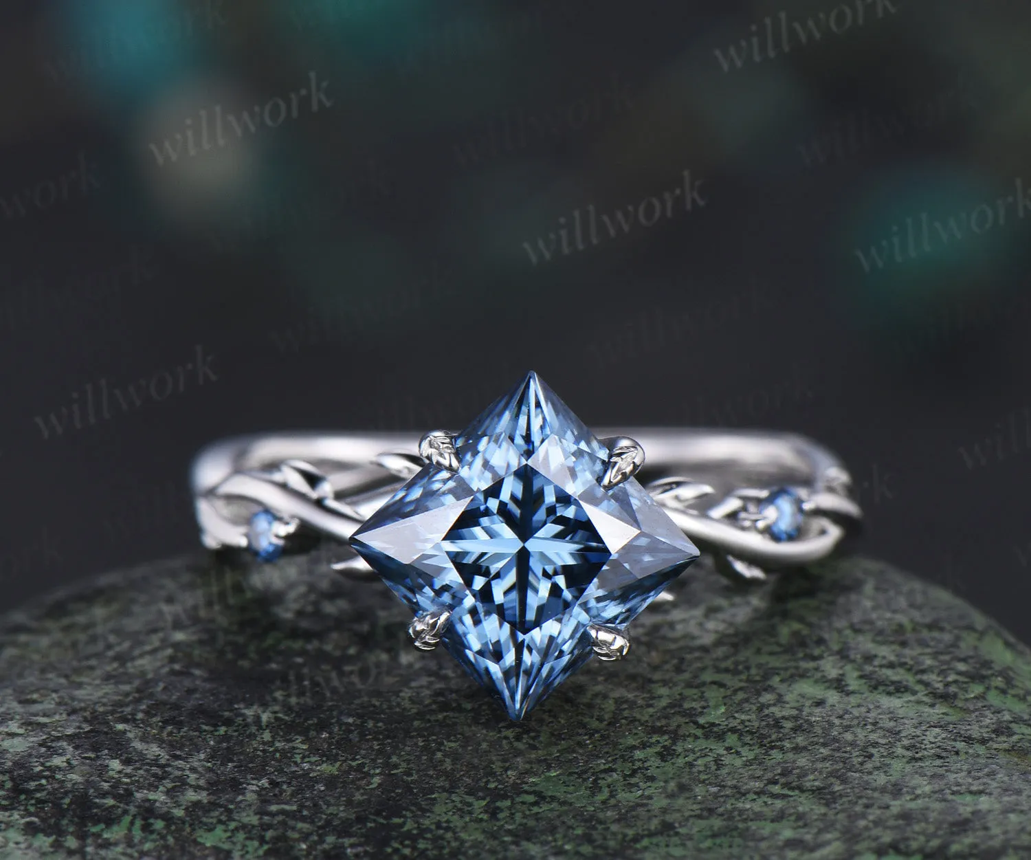 Princess cut blue moissanite engagement ring set 18k white gold infinity leaf prong unique wedding ring set women sold by Willwork Jewelry product image thumbnail 5