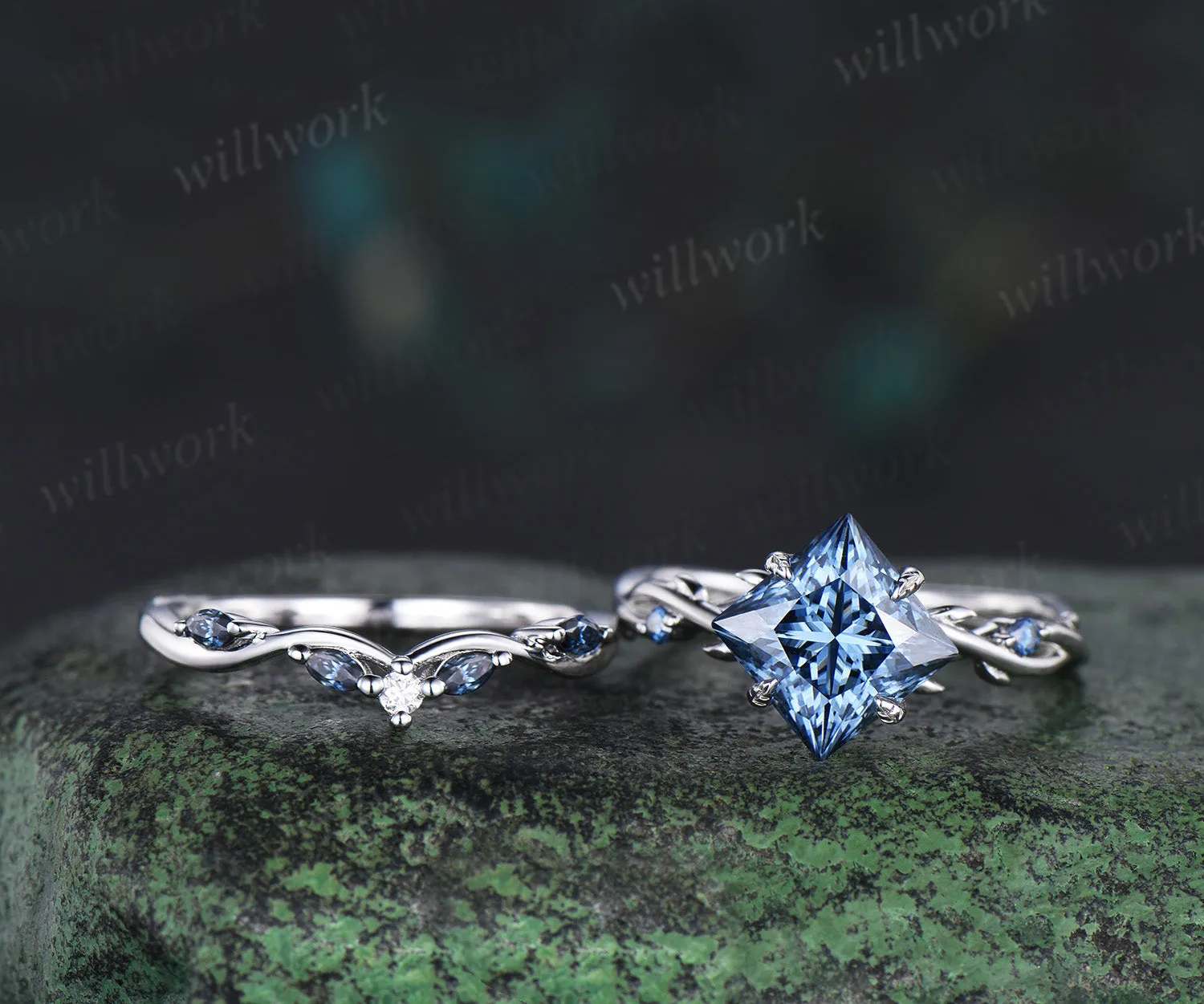Princess cut blue moissanite engagement ring set 18k white gold infinity leaf prong unique wedding ring set women sold by Willwork Jewelry product image thumbnail 2