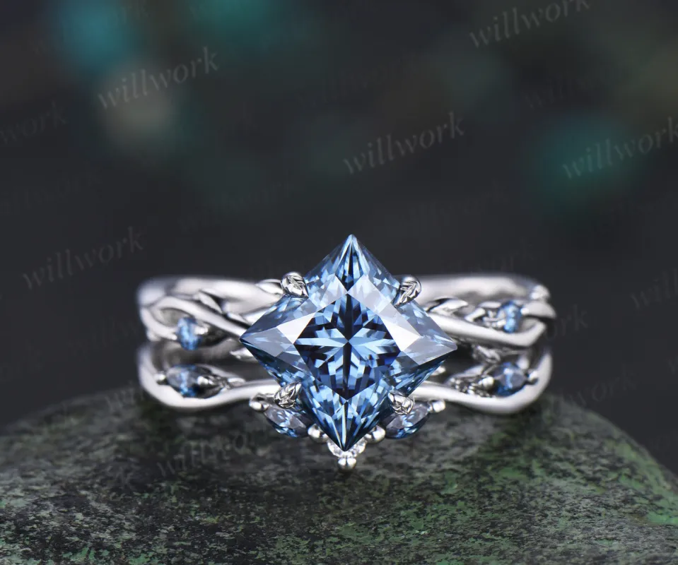 Princess cut blue moissanite engagement ring set 18k white gold infinity leaf prong unique wedding ring set women made by Willwork Jewelry