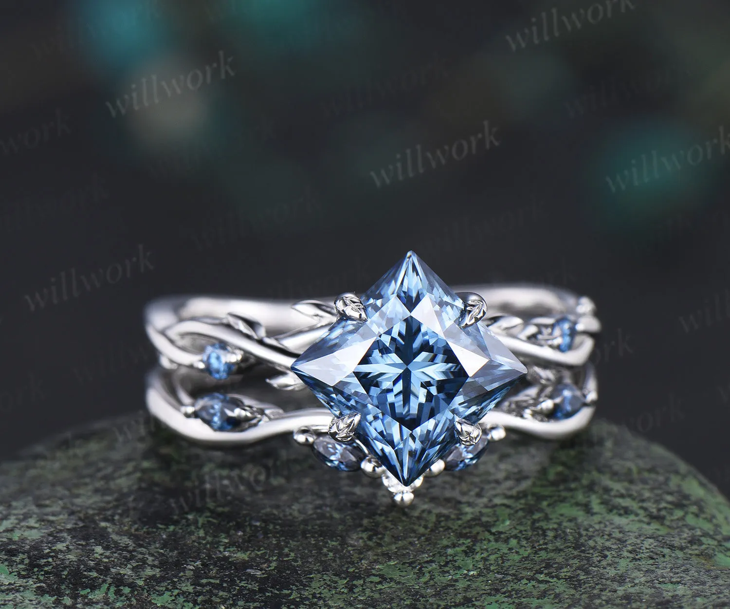 Princess cut blue moissanite engagement ring set 18k white gold infinity leaf prong unique wedding ring set women sold by Willwork Jewelry product image thumbnail 3