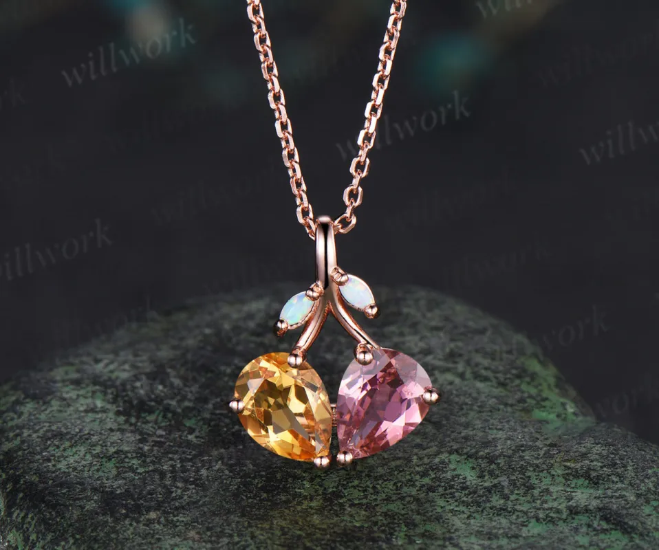 Vintage Teardrop Cut Natural Citrine&Pink Tourmaline Pendant Necklace Opal Leaf Twig Branch Necklace Couple October November Birthstone Gift made by Willwork Jewelry
