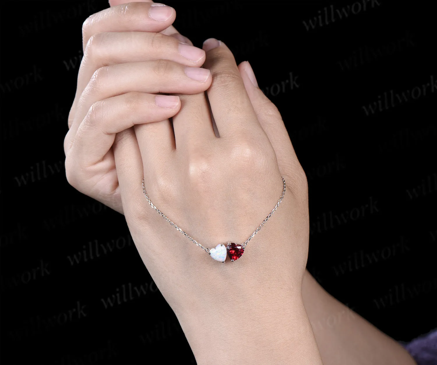 Delicate Heart Cut July Birthstone Ruby Necklace Minimalist October Birthstone Opal Two Stone Pendant 14k White Gold Double Heart Necklace sold by Willwork Jewelry product image thumbnail 3