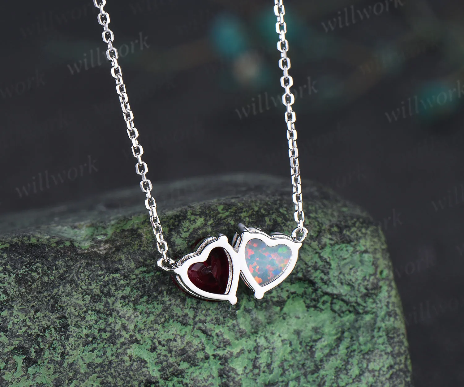 Delicate Heart Cut July Birthstone Ruby Necklace Minimalist October Birthstone Opal Two Stone Pendant 14k White Gold Double Heart Necklace sold by Willwork Jewelry product image thumbnail 5