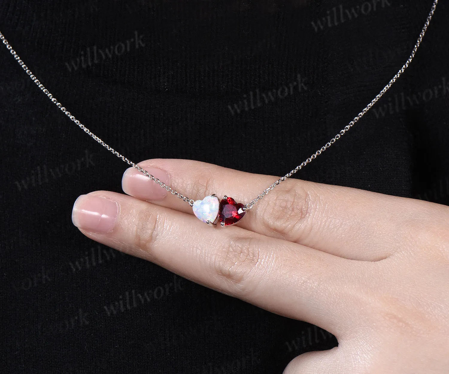 Delicate Heart Cut July Birthstone Ruby Necklace Minimalist October Birthstone Opal Two Stone Pendant 14k White Gold Double Heart Necklace sold by Willwork Jewelry product image thumbnail 4