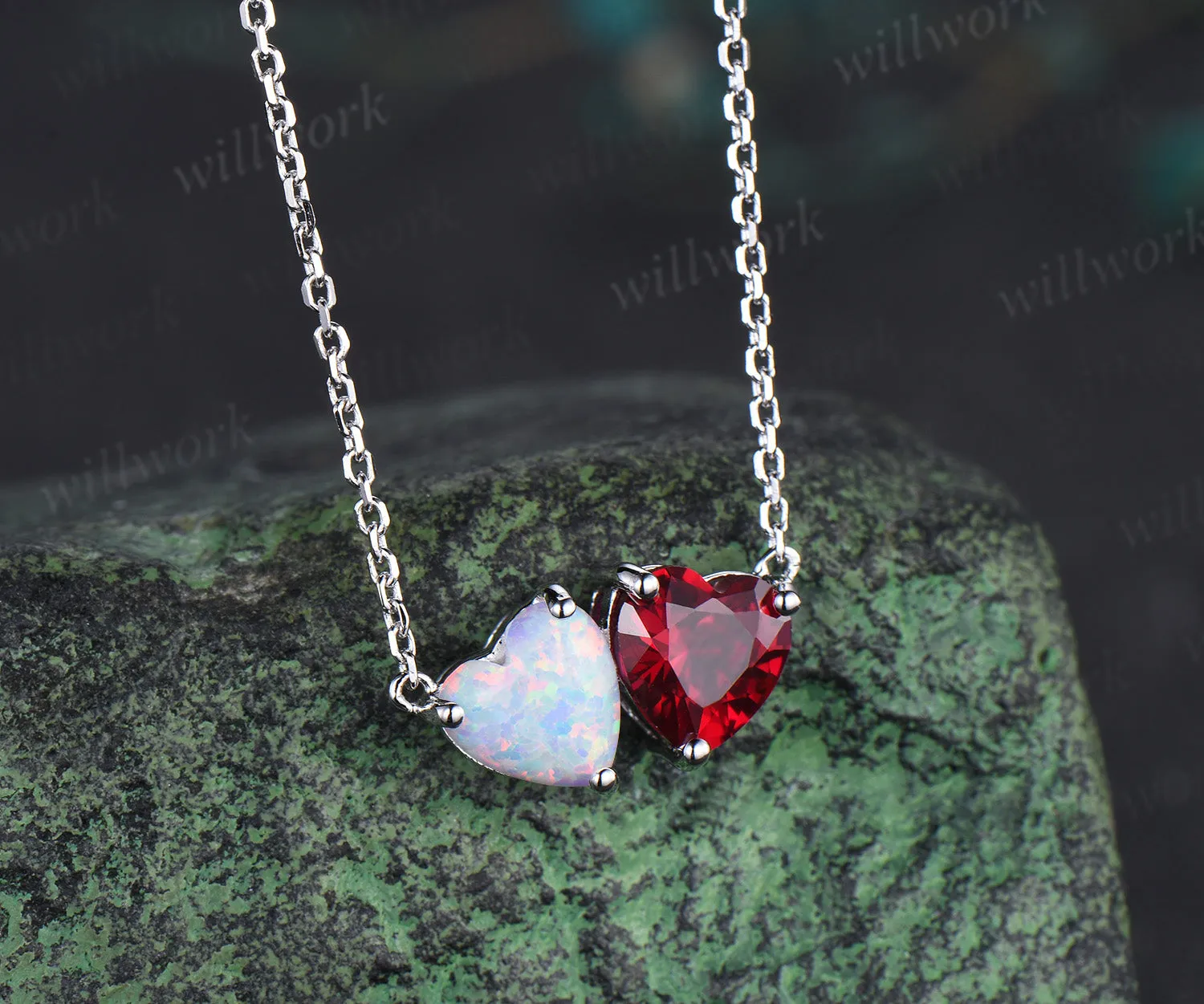 Delicate Heart Cut July Birthstone Ruby Necklace Minimalist October Birthstone Opal Two Stone Pendant 14k White Gold Double Heart Necklace sold by Willwork Jewelry product image thumbnail 2