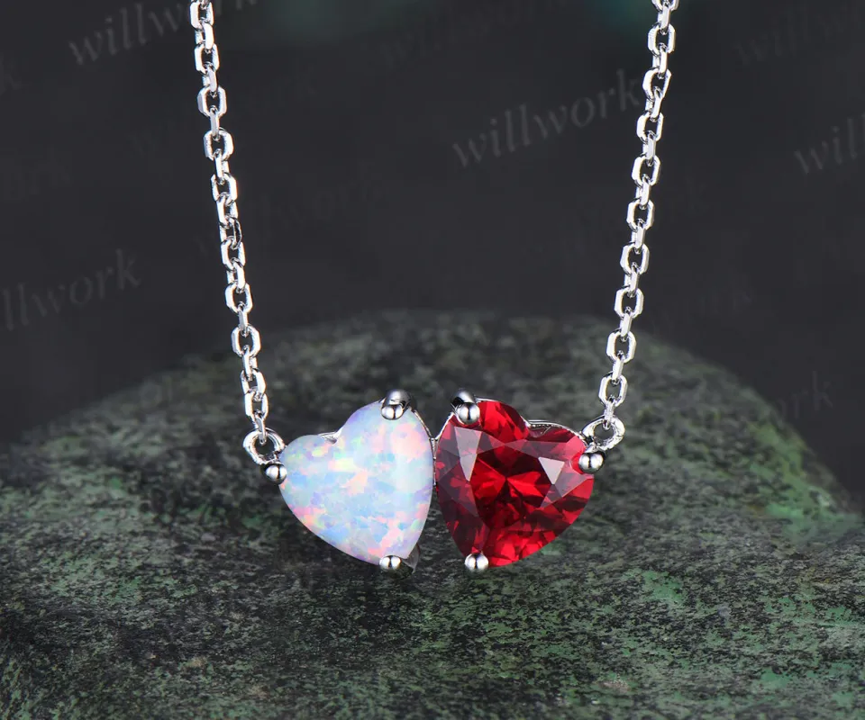 Delicate Heart Cut July Birthstone Ruby Necklace Minimalist October Birthstone Opal Two Stone Pendant 14k White Gold Double Heart Necklace sold by Willwork Jewelry