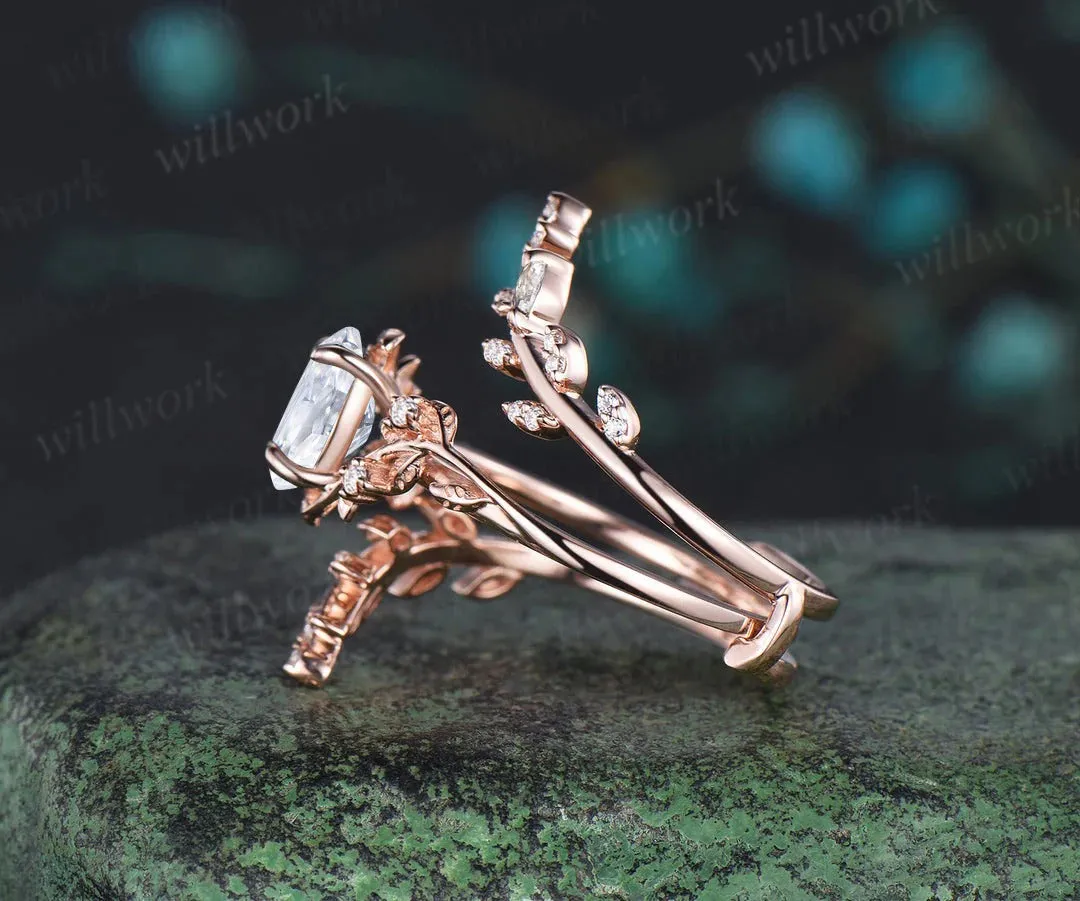 Vintage oval IGI lab grown diamond engagement ring nature inspired leaf branch ring wedding band enhancer twisted bridal ring set sold by Willwork Jewelry product image thumbnail 4