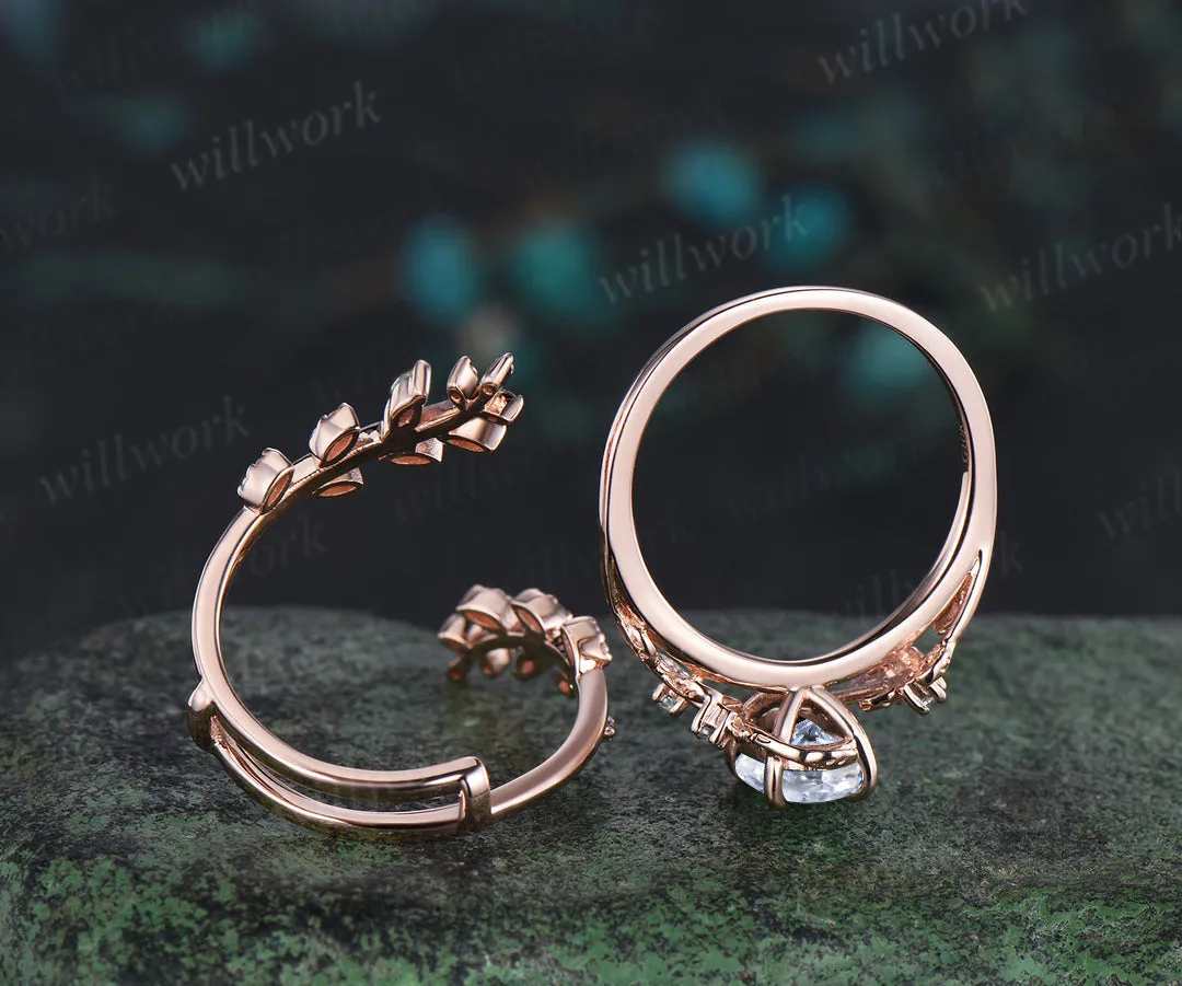 Vintage oval IGI lab grown diamond engagement ring nature inspired leaf branch ring wedding band enhancer twisted bridal ring set sold by Willwork Jewelry product image thumbnail 5