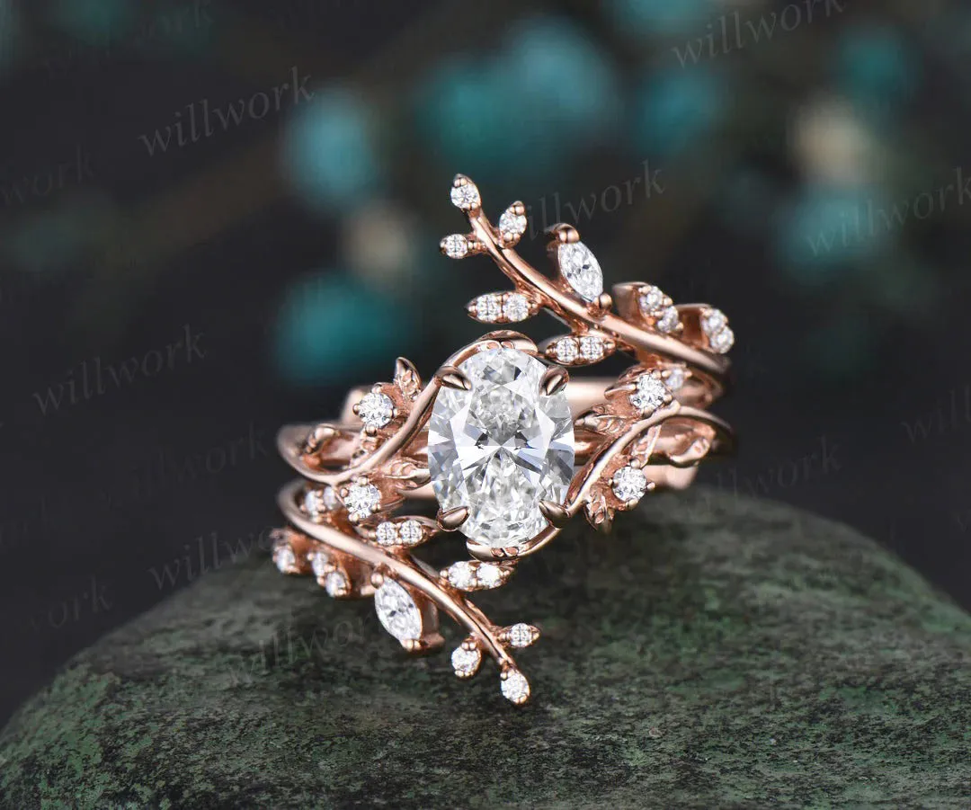 Vintage oval IGI lab grown diamond engagement ring nature inspired leaf branch ring wedding band enhancer twisted bridal ring set sold by Willwork Jewelry