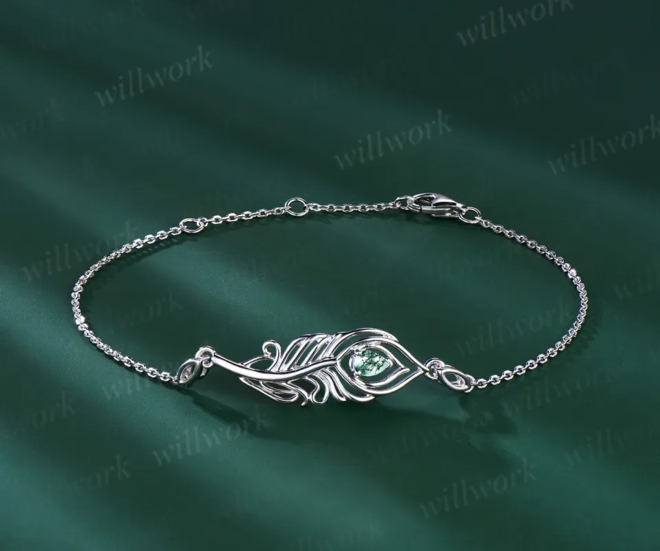 Unique Peacock Feather Charm Bracelet Dainty Natural Moss Agate Wedding Bracelet White Gold Boho Style Bracelet Promise Gift Jewelry for Her sold by Willwork Jewelry