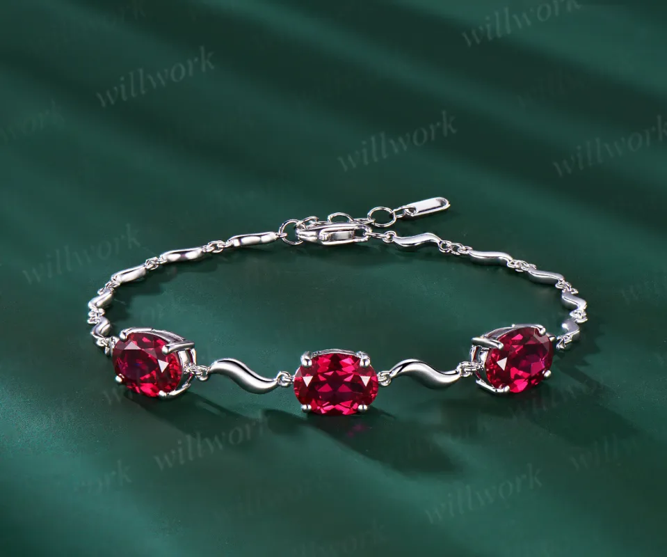 Vintage Oval Cut Ruby Bracelet Delicate 14k Solid White Gold July Birthstone Red Gemstone Ruby Bracelet Minimalist East To West Bracelet sold by Willwork Jewelry