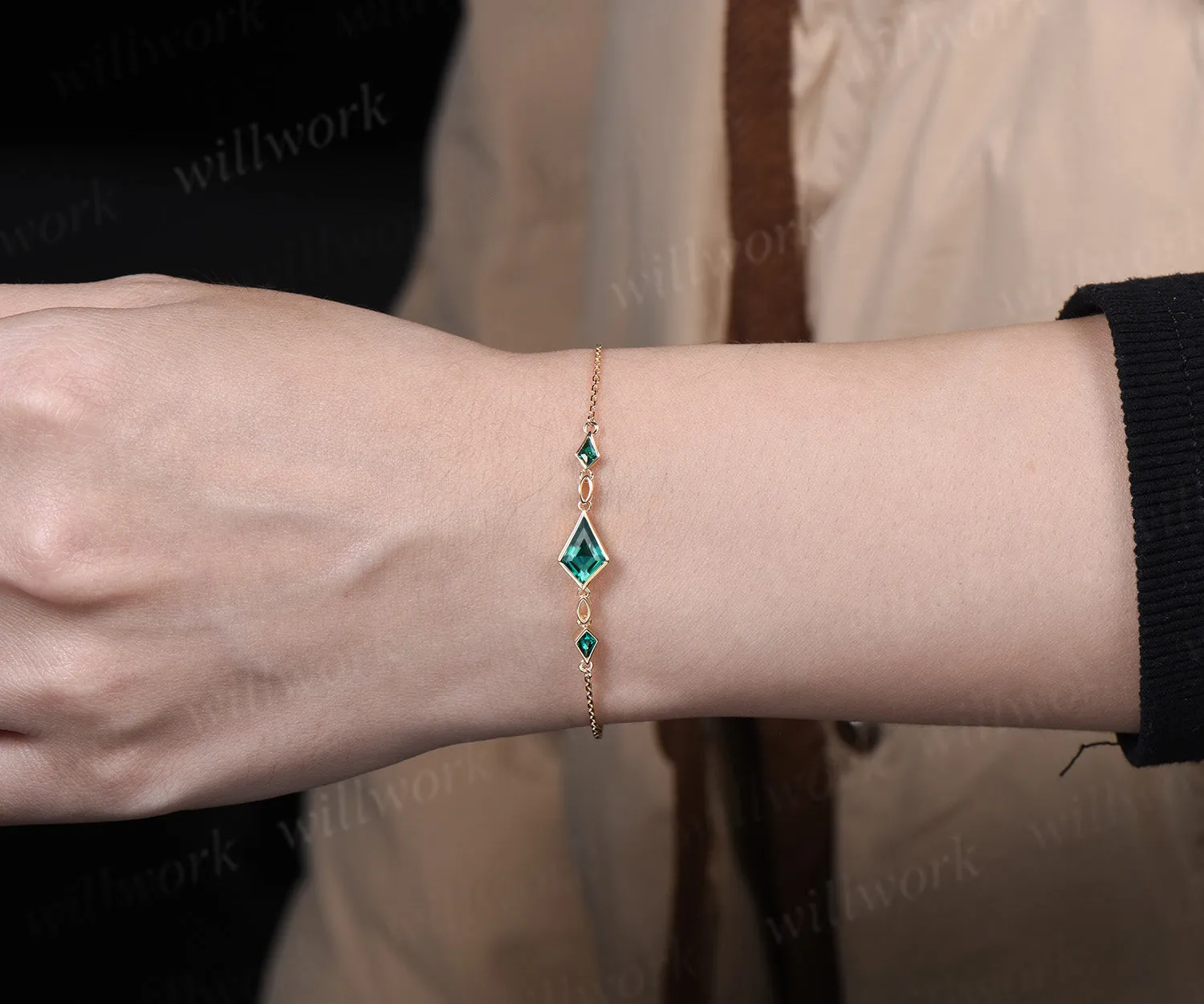 Kite Cut Green Emerald Chain Bracelet 14k yellow Gold Bezel Wedding Bracelet May Birthstone Gifts Women Unique Adjustable Bracelets sold by Willwork Jewelry product image thumbnail 4