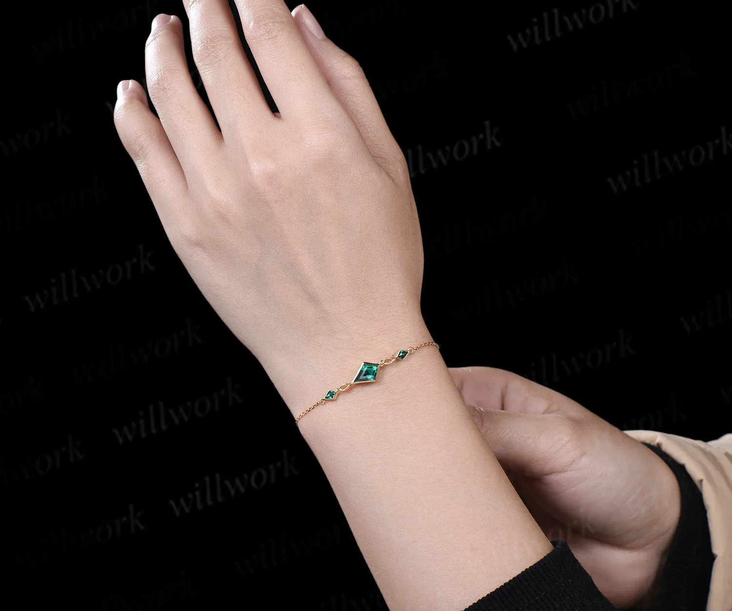 Kite Cut Green Emerald Chain Bracelet 14k yellow Gold Bezel Wedding Bracelet May Birthstone Gifts Women Unique Adjustable Bracelets sold by Willwork Jewelry product image thumbnail 3