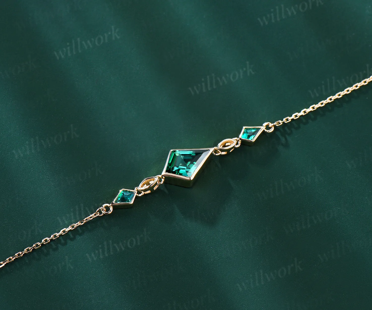 Kite Cut Green Emerald Chain Bracelet 14k yellow Gold Bezel Wedding Bracelet May Birthstone Gifts Women Unique Adjustable Bracelets sold by Willwork Jewelry product image thumbnail 2