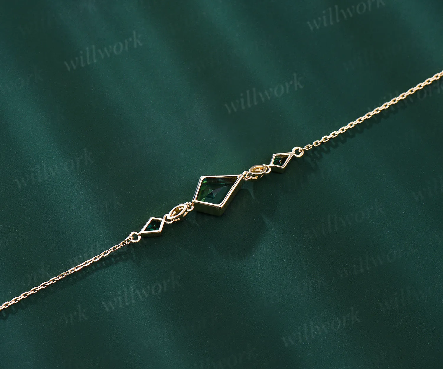 Kite Cut Green Emerald Chain Bracelet 14k yellow Gold Bezel Wedding Bracelet May Birthstone Gifts Women Unique Adjustable Bracelets sold by Willwork Jewelry product image thumbnail 5
