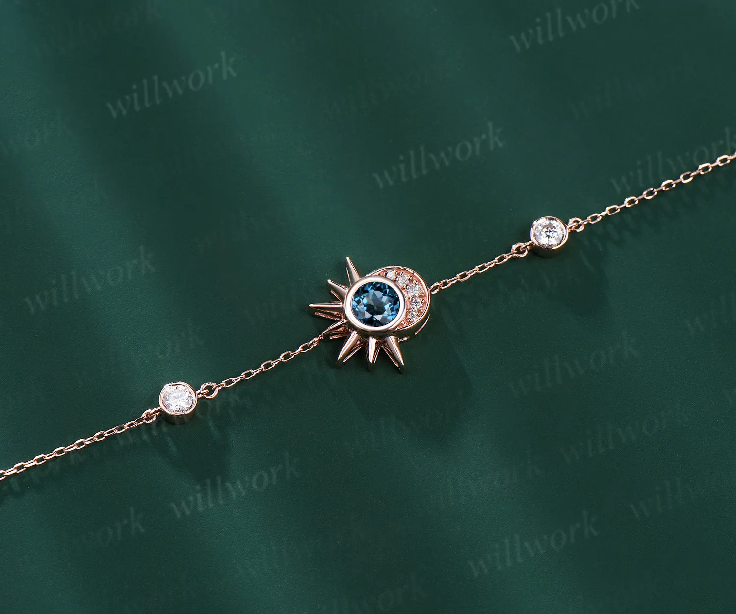 Round Cut Natural London Blue Topaz Bracelet 14k Rose Gold Minimalist Celestial Jewelry Unique Moon Star Sun Bracelet Art Deco Promise Gift sold by Willwork Jewelry product image thumbnail 2