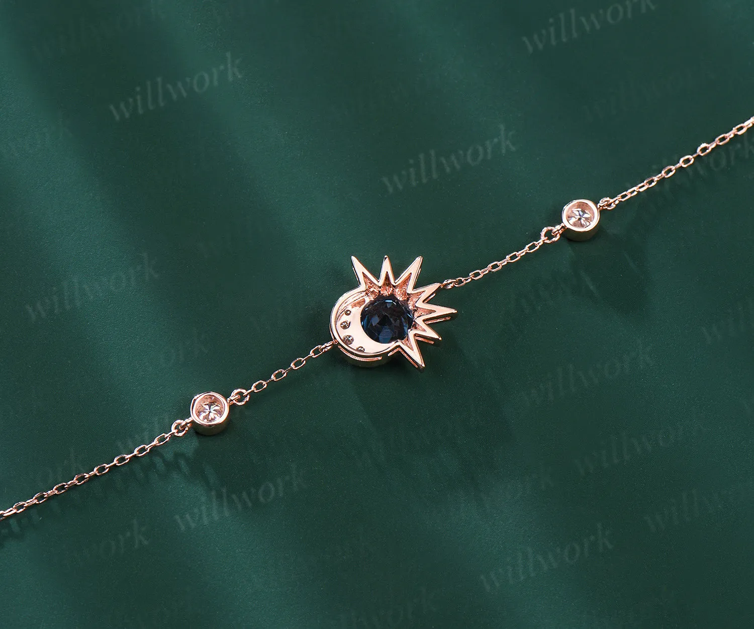 Round Cut Natural London Blue Topaz Bracelet 14k Rose Gold Minimalist Celestial Jewelry Unique Moon Star Sun Bracelet Art Deco Promise Gift sold by Willwork Jewelry product image thumbnail 4