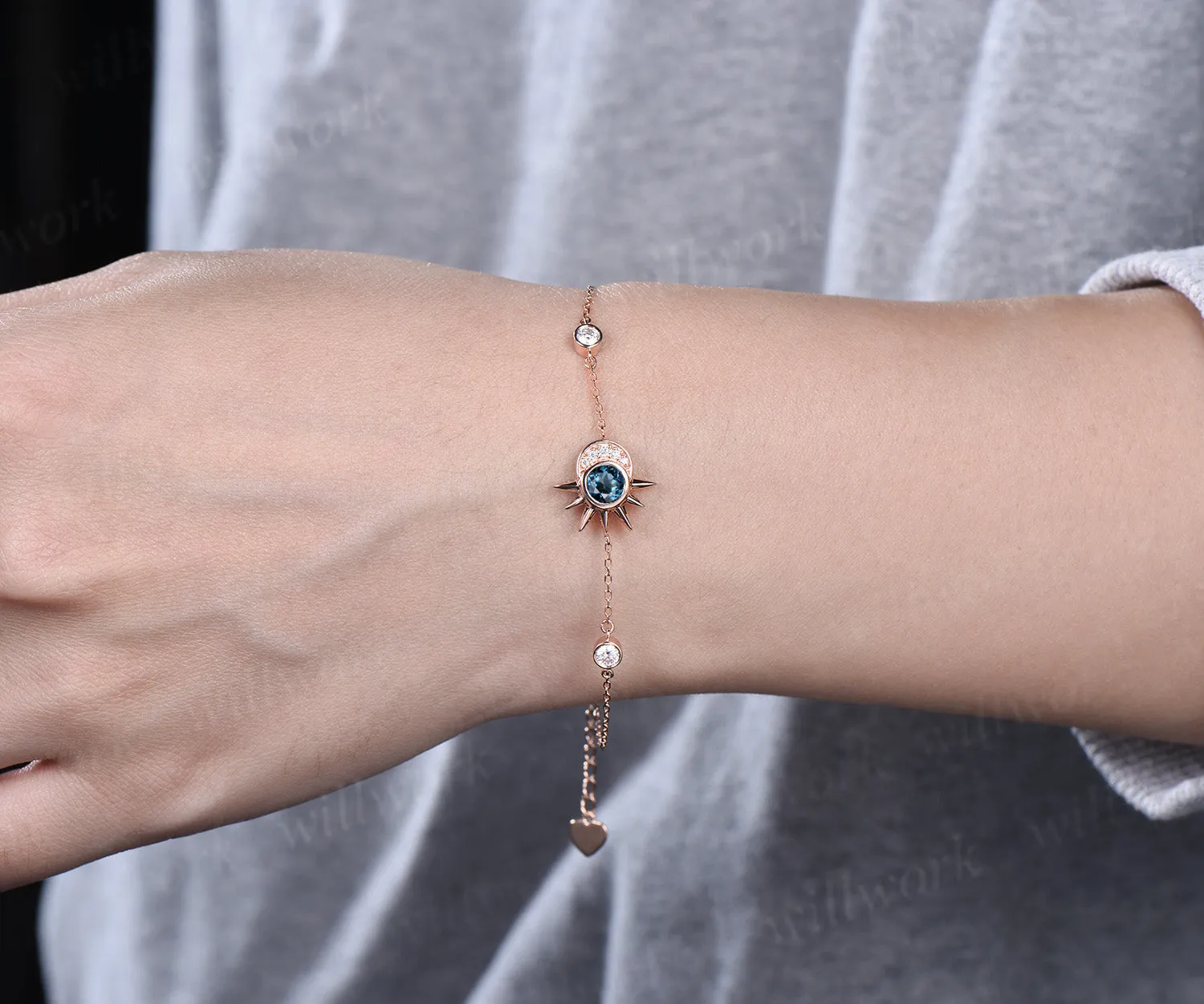 Round Cut Natural London Blue Topaz Bracelet 14k Rose Gold Minimalist Celestial Jewelry Unique Moon Star Sun Bracelet Art Deco Promise Gift sold by Willwork Jewelry product image thumbnail 3