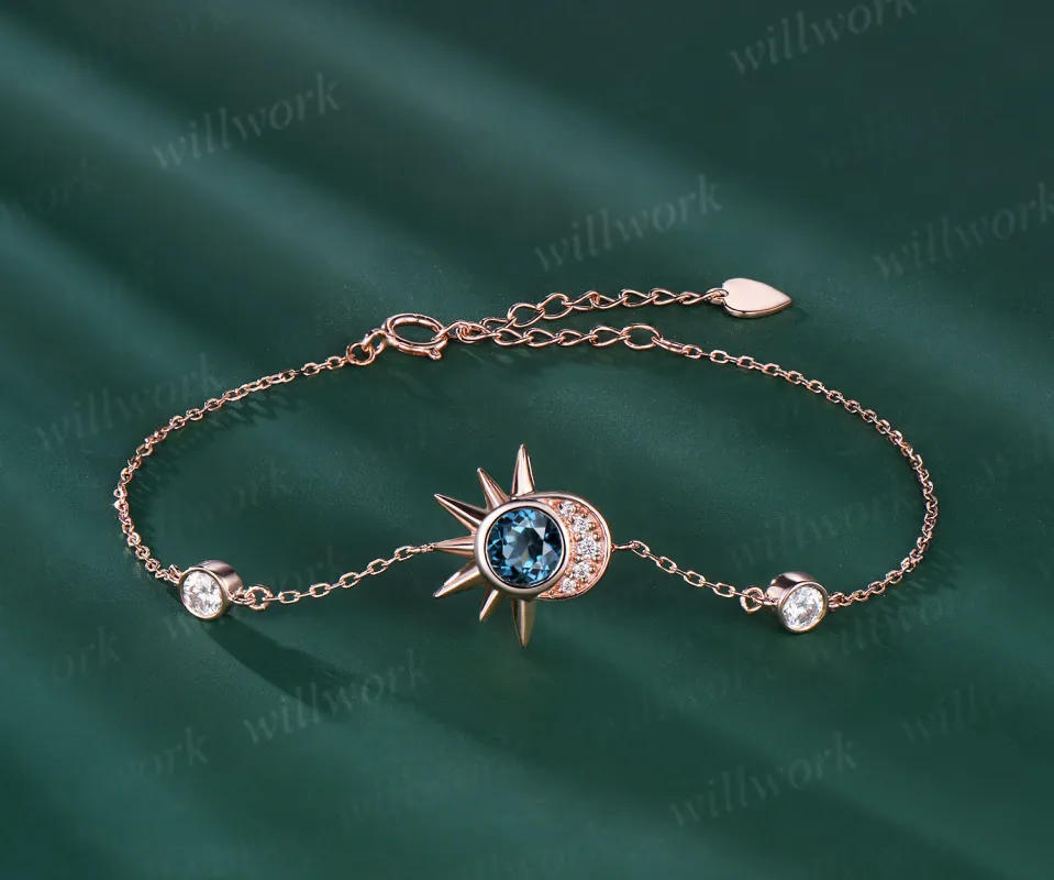Round Cut Natural London Blue Topaz Bracelet 14k Rose Gold Minimalist Celestial Jewelry Unique Moon Star Sun Bracelet Art Deco Promise Gift made by Willwork Jewelry