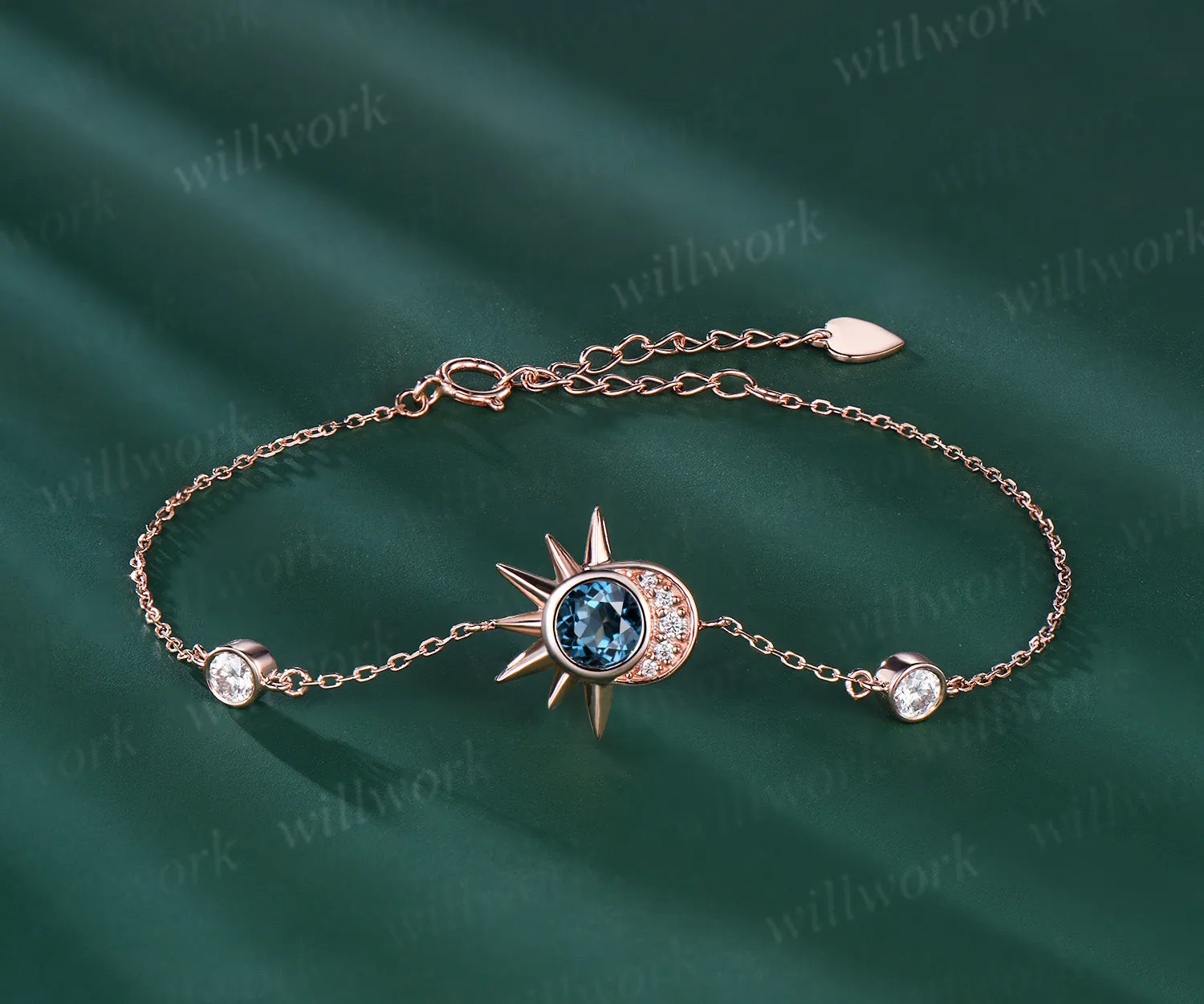 Round Cut Natural London Blue Topaz Bracelet 14k Rose Gold Minimalist Celestial Jewelry Unique Moon Star Sun Bracelet Art Deco Promise Gift sold by Willwork Jewelry