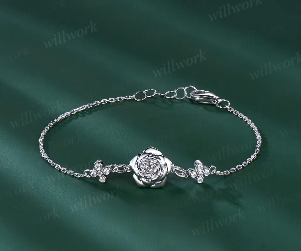 Vintage 18k Genuine white Rose Flower Chain Bracelet Nature Inspired Moissanite Floral Gold Link Bracelet Stylish Adjustable Bracelet Women sold by Willwork Jewelry