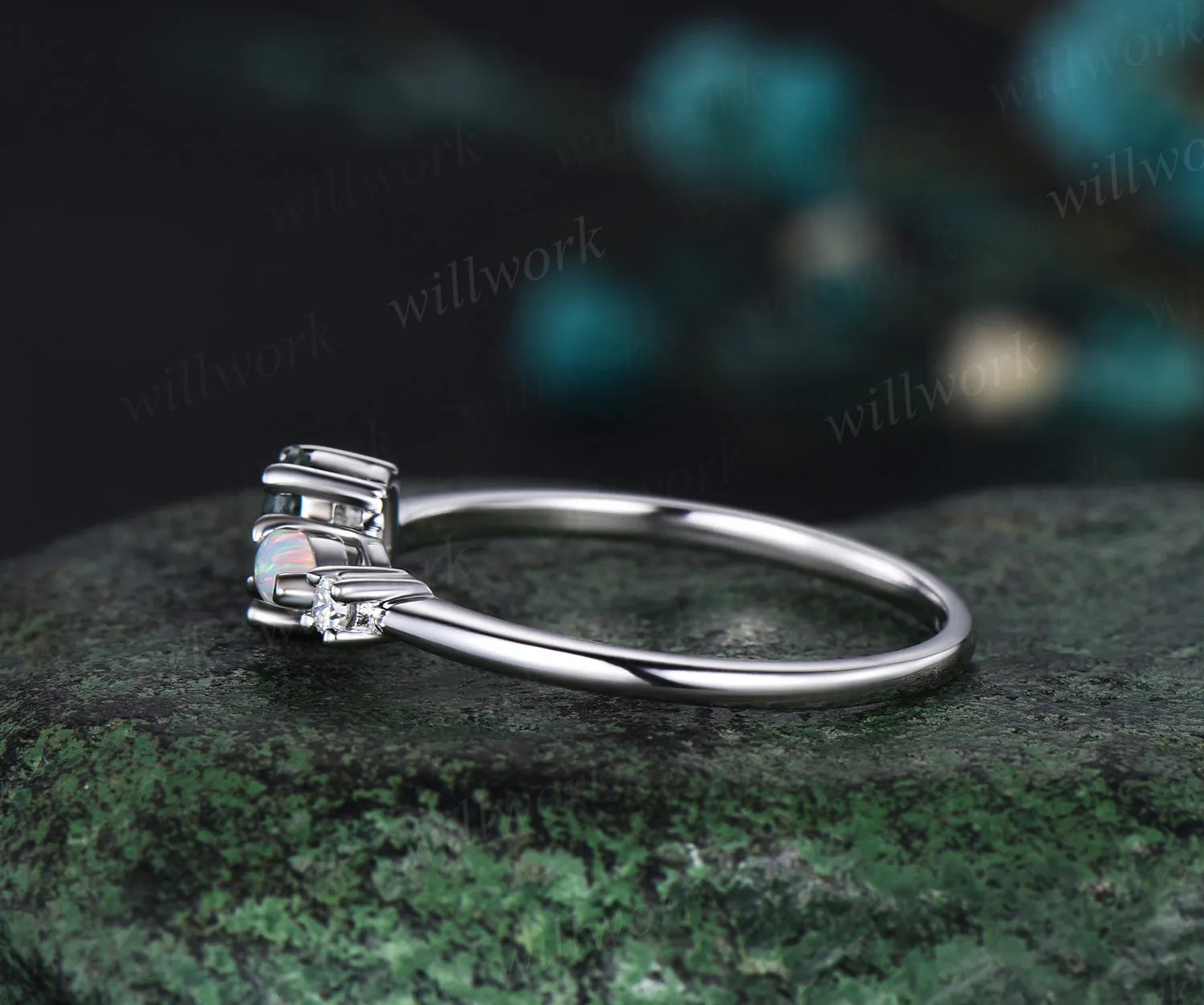 Dainty oval moss agate ring white gold three stone opal engagement ring Minimalist Multi-Stone Ring anniversary gift women sold by Willwork Jewelry product image thumbnail 4