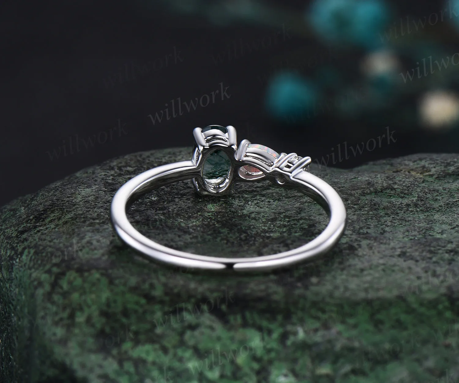 Dainty oval moss agate ring white gold three stone opal engagement ring Minimalist Multi-Stone Ring anniversary gift women sold by Willwork Jewelry product image thumbnail 5