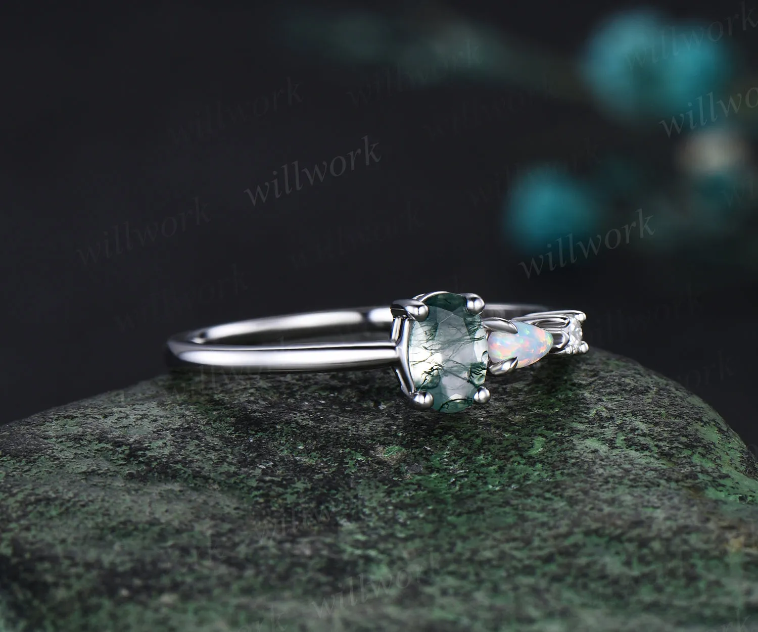 Dainty oval moss agate ring white gold three stone opal engagement ring Minimalist Multi-Stone Ring anniversary gift women sold by Willwork Jewelry product image thumbnail 2