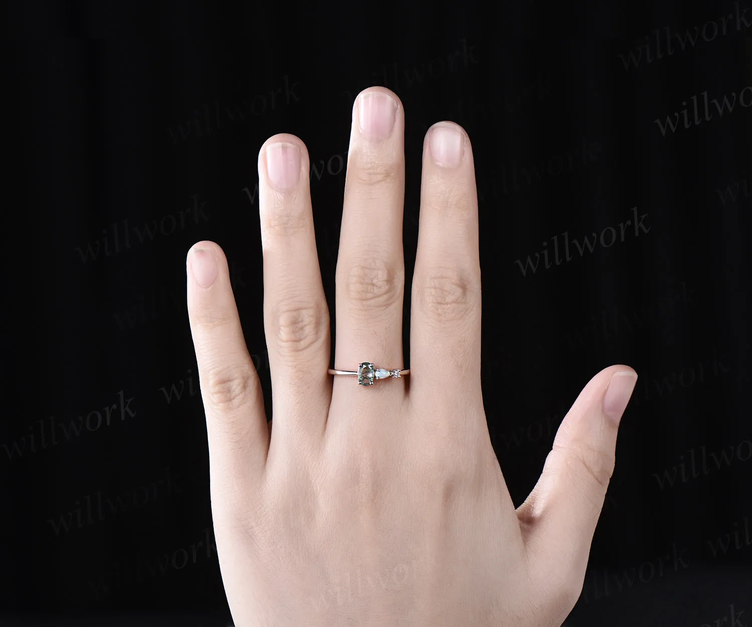 Dainty oval moss agate ring white gold three stone opal engagement ring Minimalist Multi-Stone Ring anniversary gift women sold by Willwork Jewelry product image thumbnail 3
