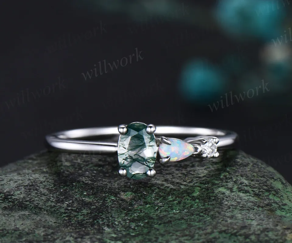Dainty oval moss agate ring white gold three stone opal engagement ring Minimalist Multi-Stone Ring anniversary gift women sold by Willwork Jewelry
