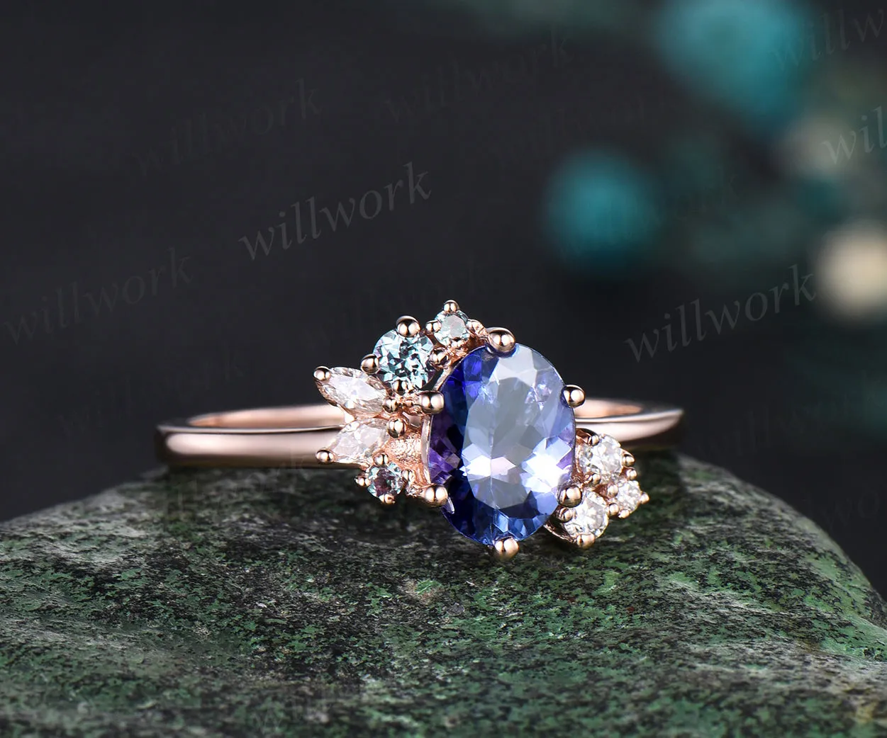 Oval cut Tanzanite ring rose gold women cluster unique engagement ring vintage art deco moissanite promise bridal ring gifts sold by Willwork Jewelry product image thumbnail 3