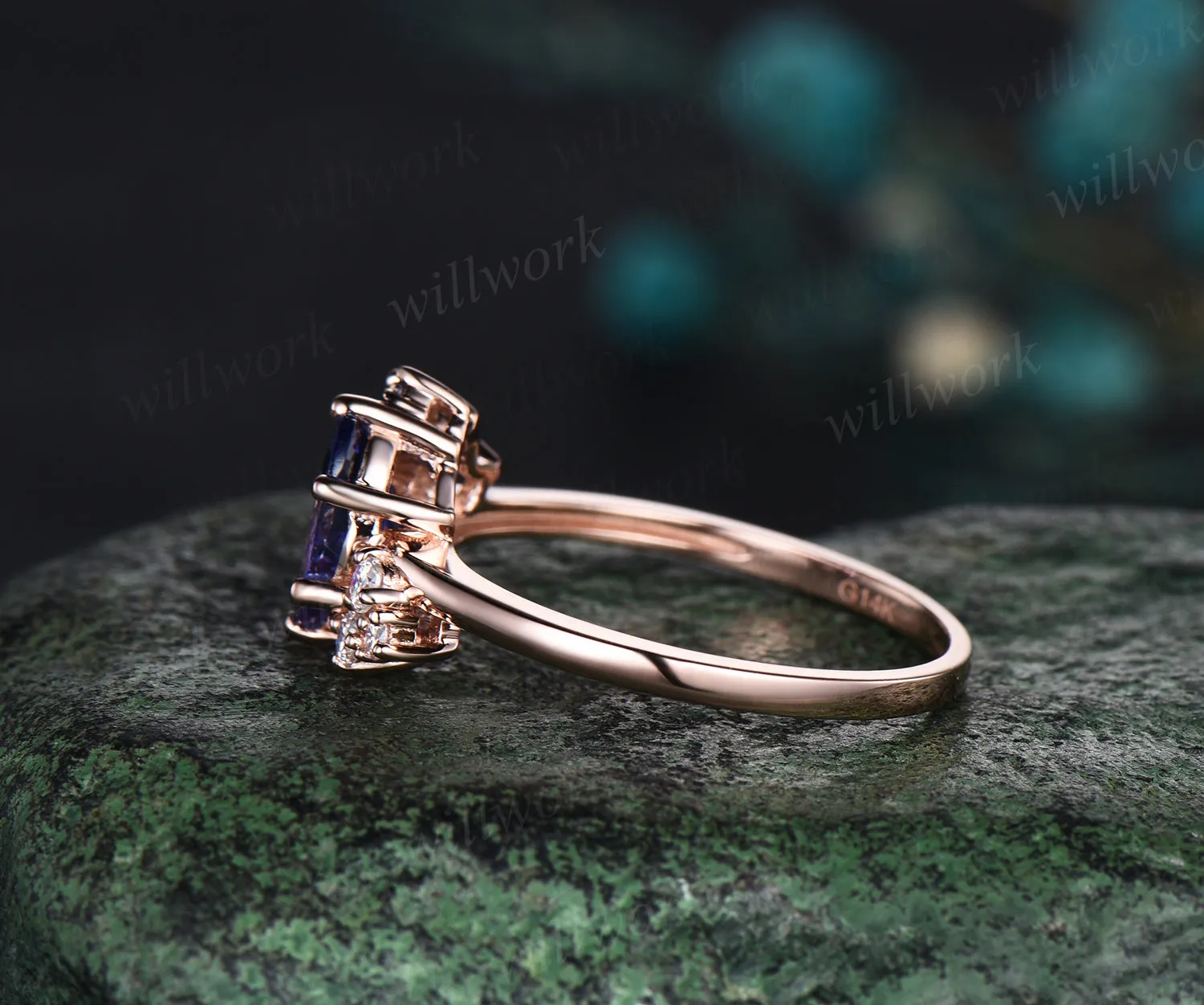 Oval cut Tanzanite ring rose gold women cluster unique engagement ring vintage art deco moissanite promise bridal ring gifts sold by Willwork Jewelry product image thumbnail 4