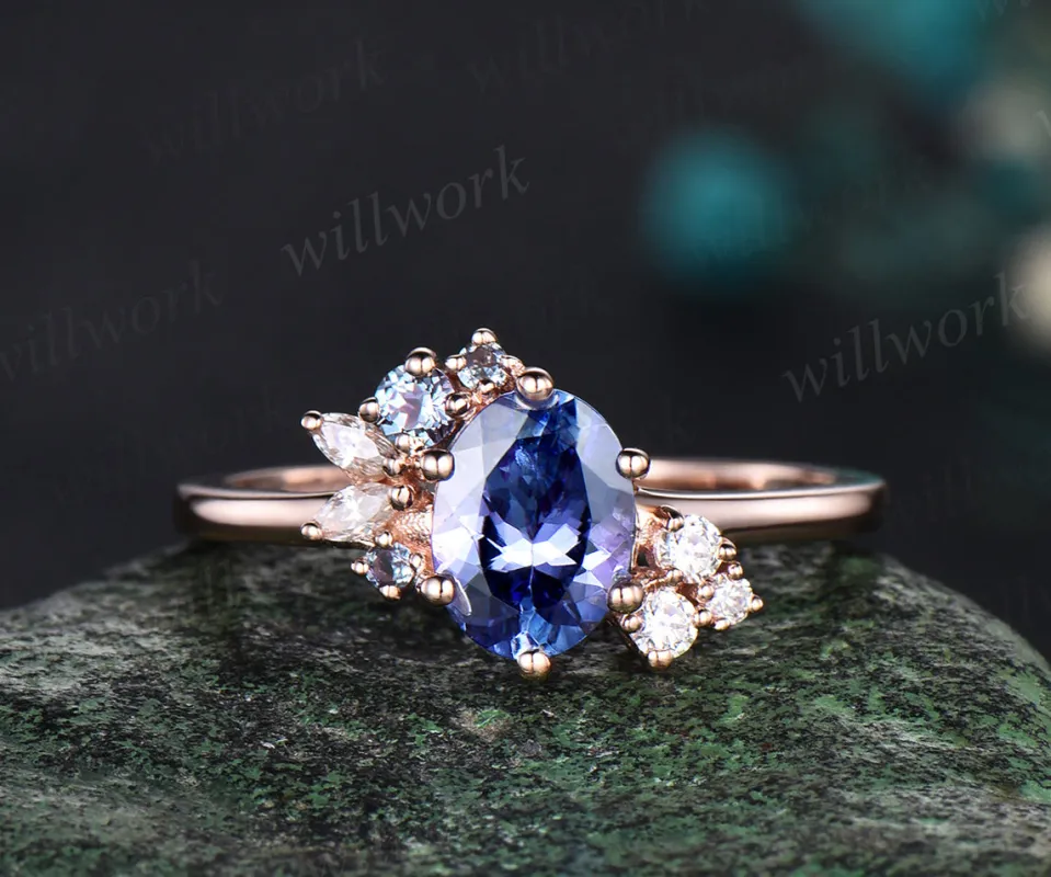 Oval cut Tanzanite ring rose gold women cluster unique engagement ring vintage art deco moissanite promise bridal ring gifts sold by Willwork Jewelry