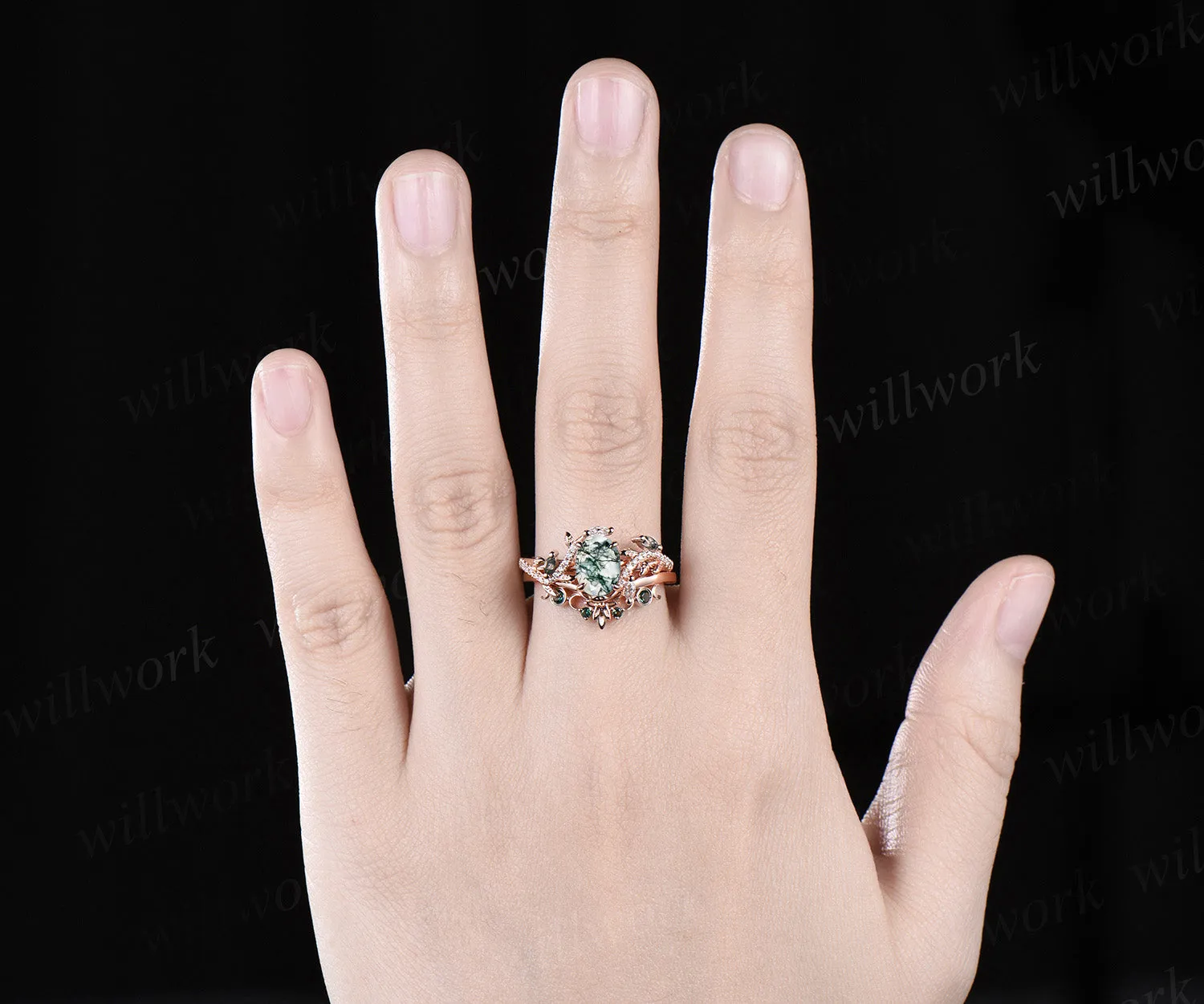Unique Oval natural moss agate Engagement Ring Set emerald Moon Leaf Nature Inspired Ring Art Deco 2pcs wedding Ring Set Women sold by Willwork Jewelry product image thumbnail 3