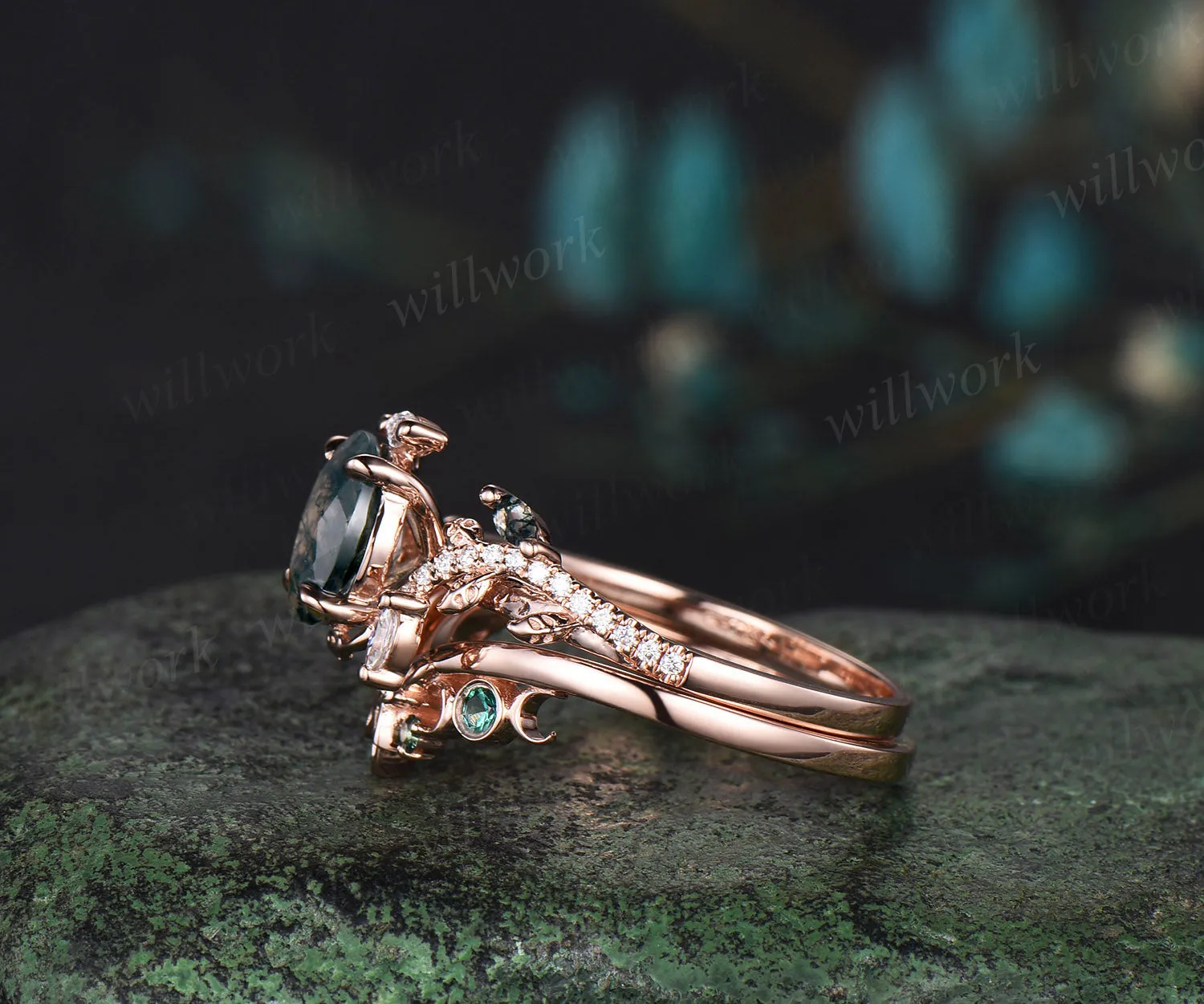 Unique Oval natural moss agate Engagement Ring Set emerald Moon Leaf Nature Inspired Ring Art Deco 2pcs wedding Ring Set Women sold by Willwork Jewelry product image thumbnail 4
