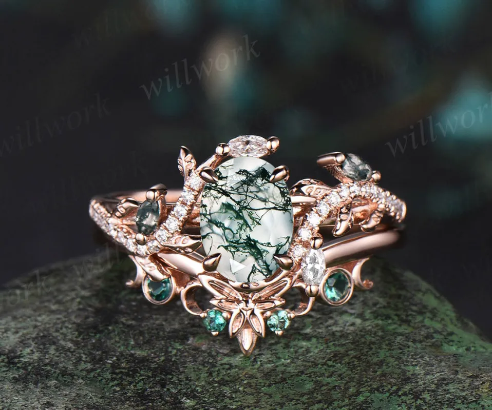 Unique Oval natural moss agate Engagement Ring Set emerald Moon Leaf Nature Inspired Ring Art Deco 2pcs wedding Ring Set Women sold by Willwork Jewelry