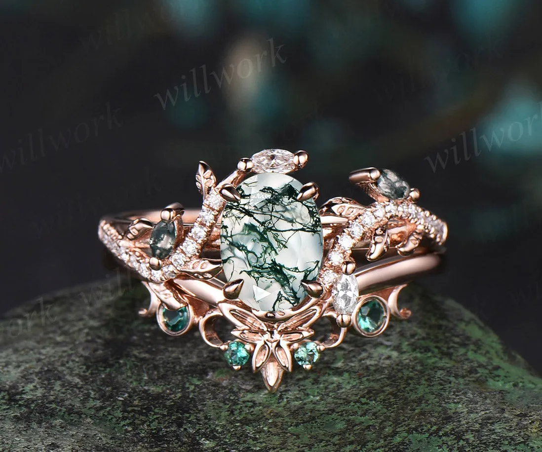 Unique Oval natural moss agate Engagement Ring Set emerald Moon Leaf Nature Inspired Ring Art Deco 2pcs wedding Ring Set Women sold by Willwork Jewelry